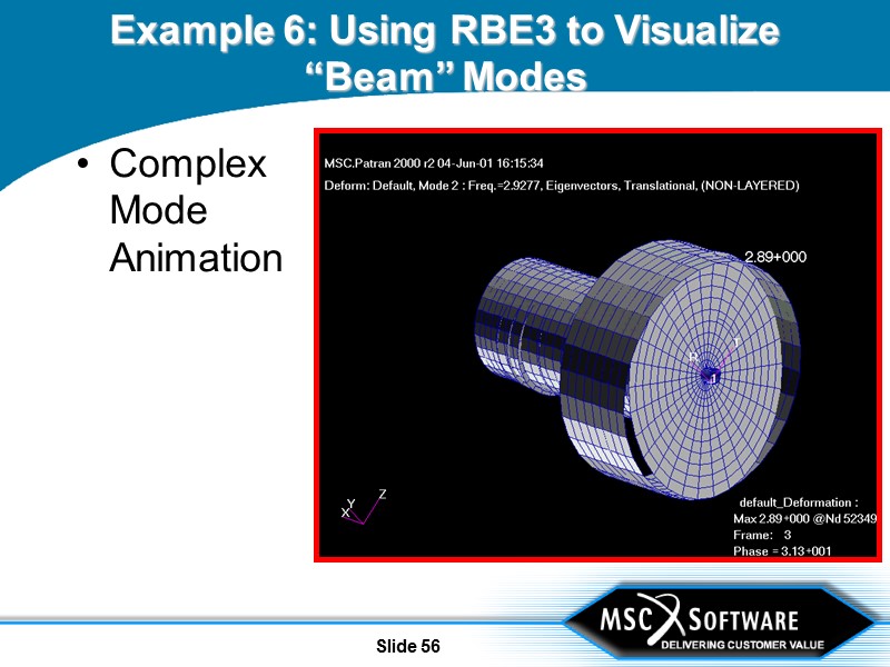Slide 56 Example 6: Using RBE3 to Visualize “Beam” Modes Complex Mode Animation